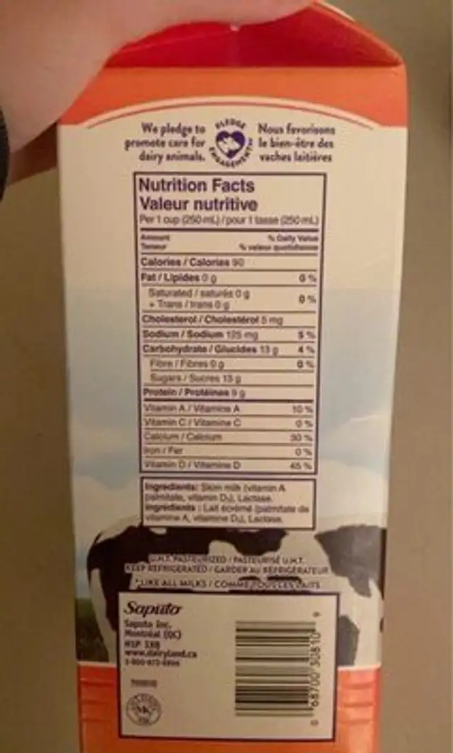 Lactose free skim milk front packaging