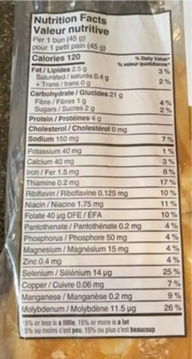 Sesame Hamburger nutrition facts table