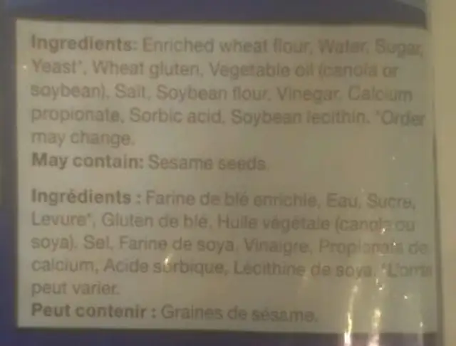 White Bread ingredients label