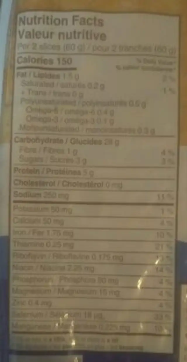 White Bread nutrition facts table