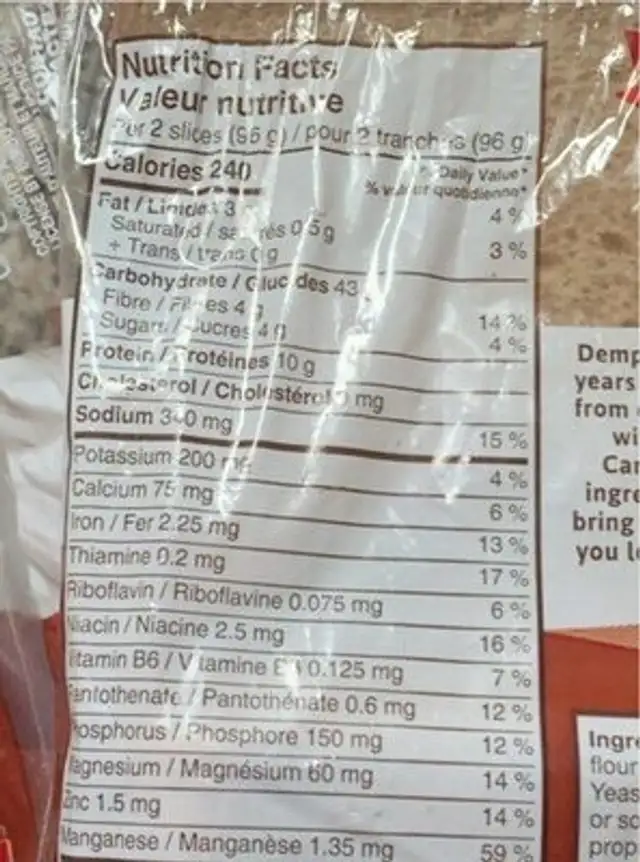 Texas Toast 100% whole wheat nutrition facts table