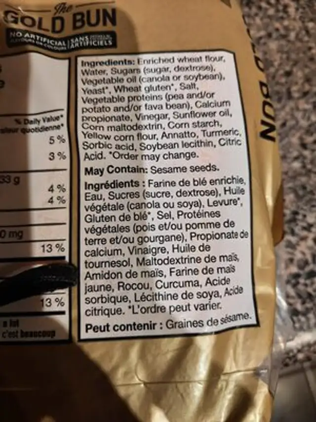 The Gold Bun ingredients label