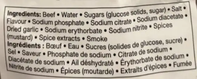 Thinly Sliced Smoked Beef Pastrami ingredients label