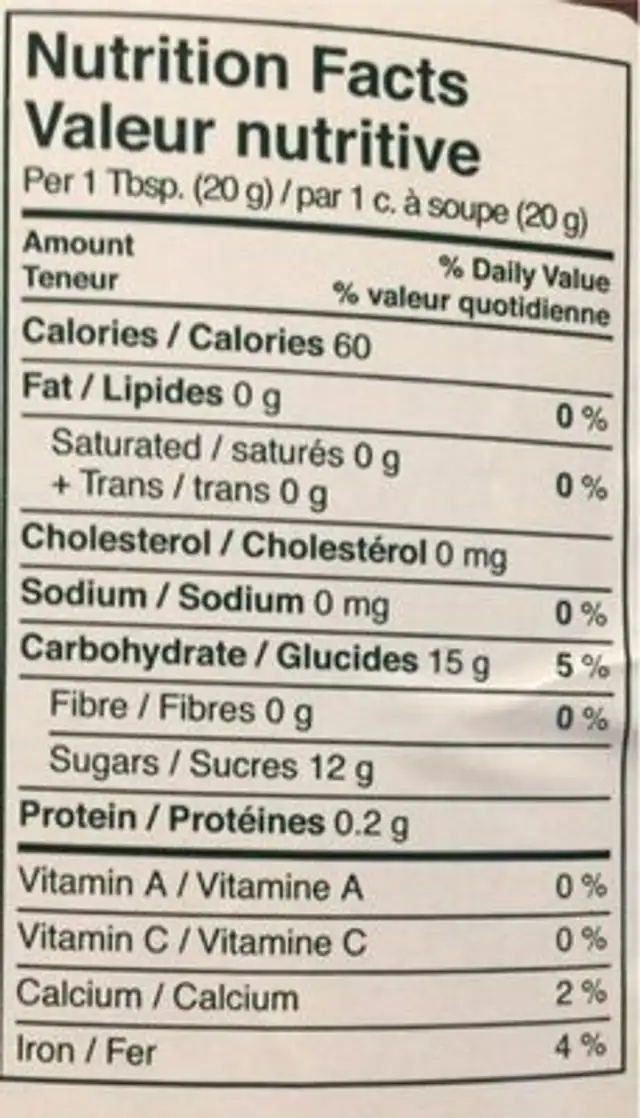 Mélasse qualité fantaisie nutrition facts table