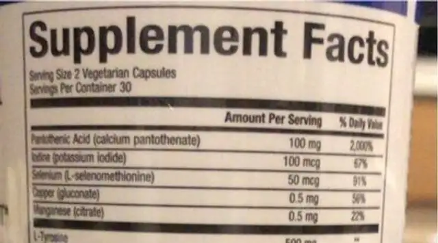 Thyroid Health Formula nutrition facts table