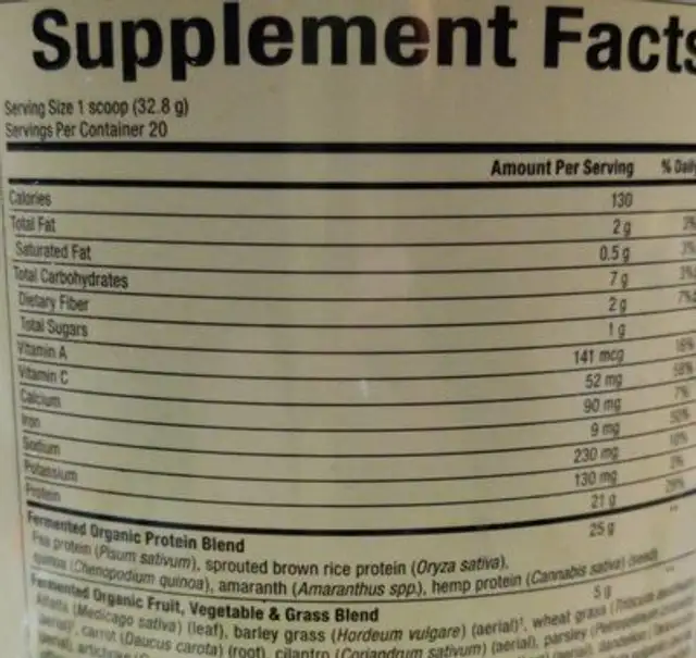 fermented organic protein and greens nutrition facts table