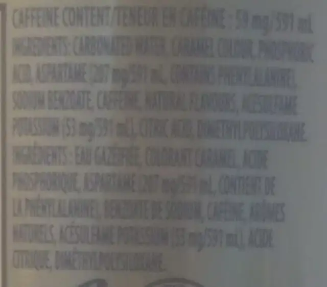 Diet Pepsi ingredients label