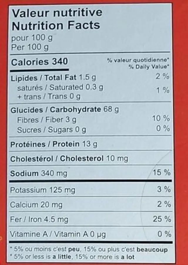 Nouilles à l'orientale nutrition facts table