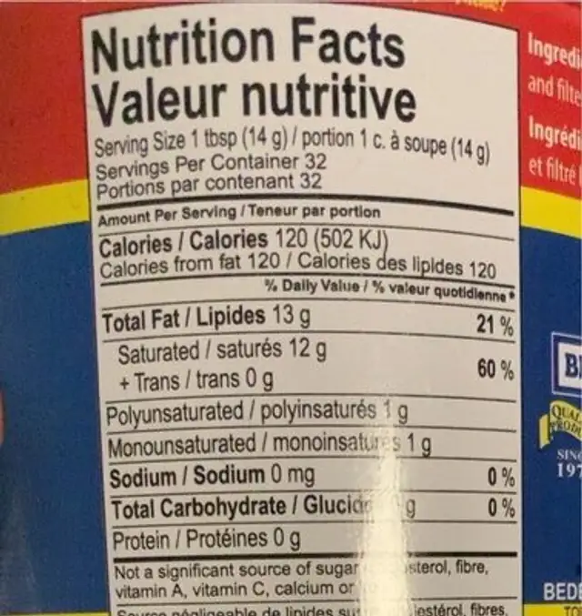 Coconut oil - West Indian pride nutrition facts table