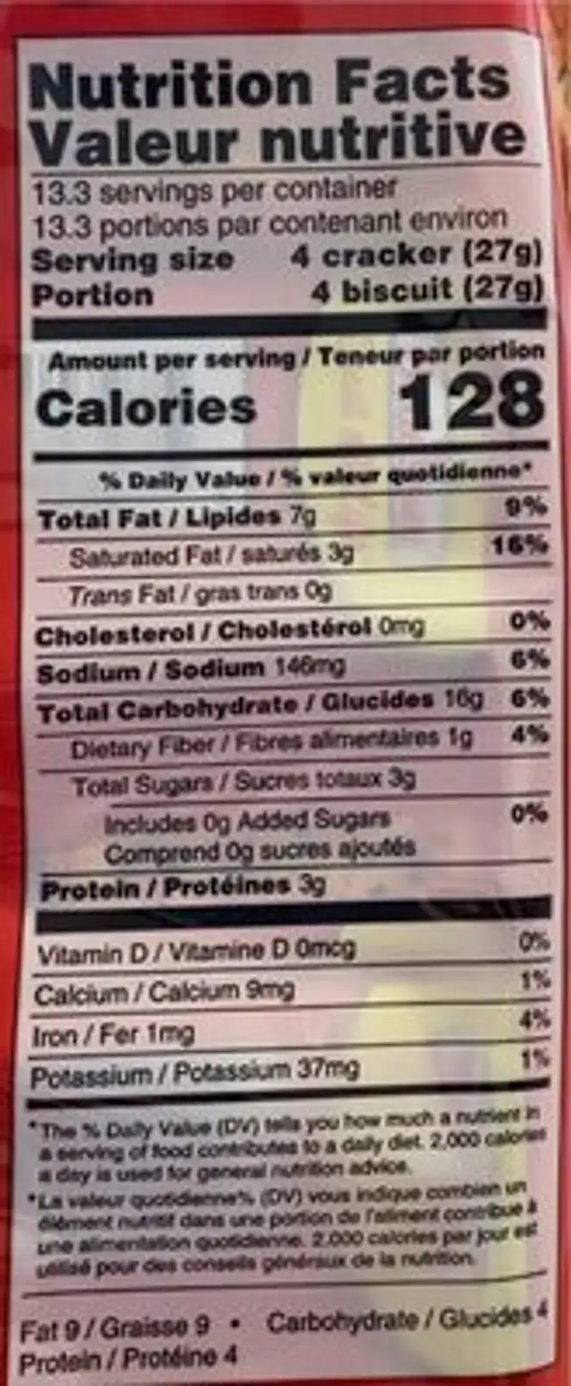 Veggie Crackers nutrition facts table