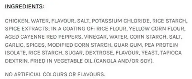 Pinty's Buffalo Chicken Flings ingredients label