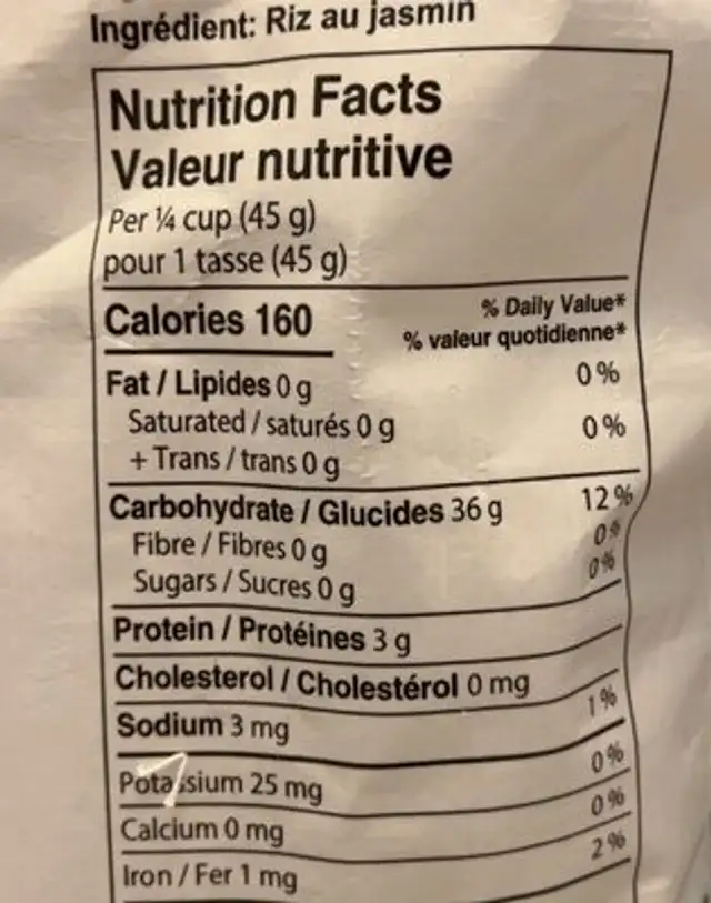 Ultra Premium 100% Thai Jasmine Rice nutrition facts table