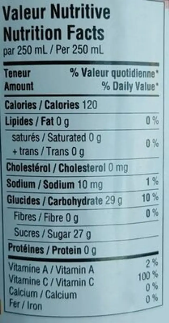 Nectar Orange Carotte nutrition facts table