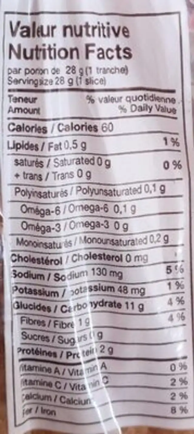 Pain brun nutrition facts table
