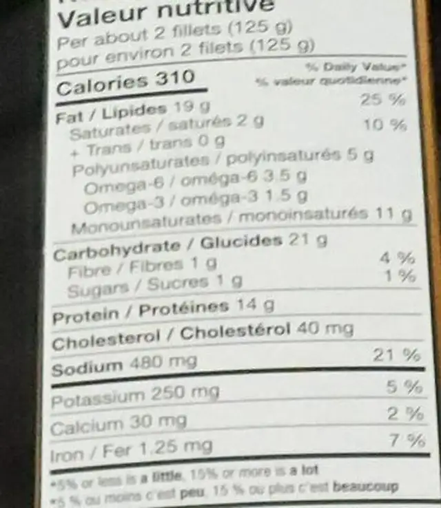 Aiglefin en pâte à la bière nutrition facts table