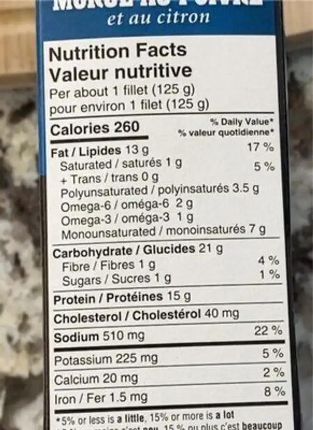 Lemon Pepper Cod nutrition facts table