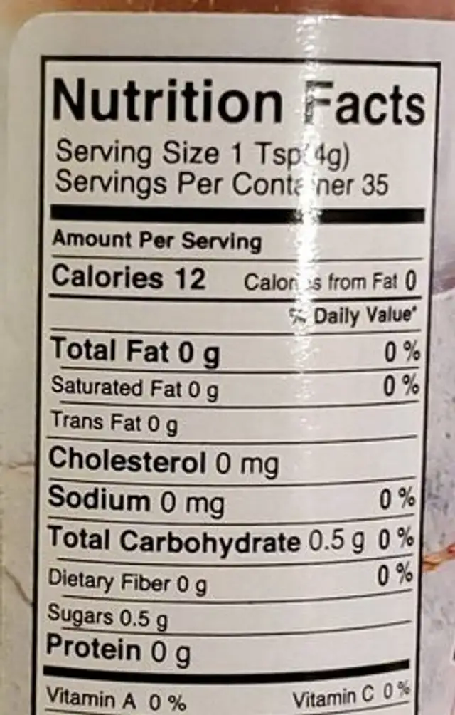 Extrait de vanille nutrition facts table