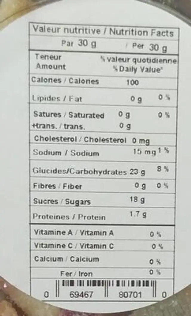 Vers en gelées sûres halal nutrition facts table