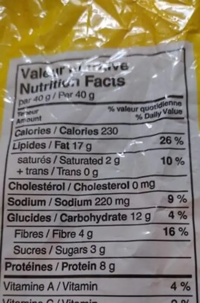 Pistaches salées nutrition facts table
