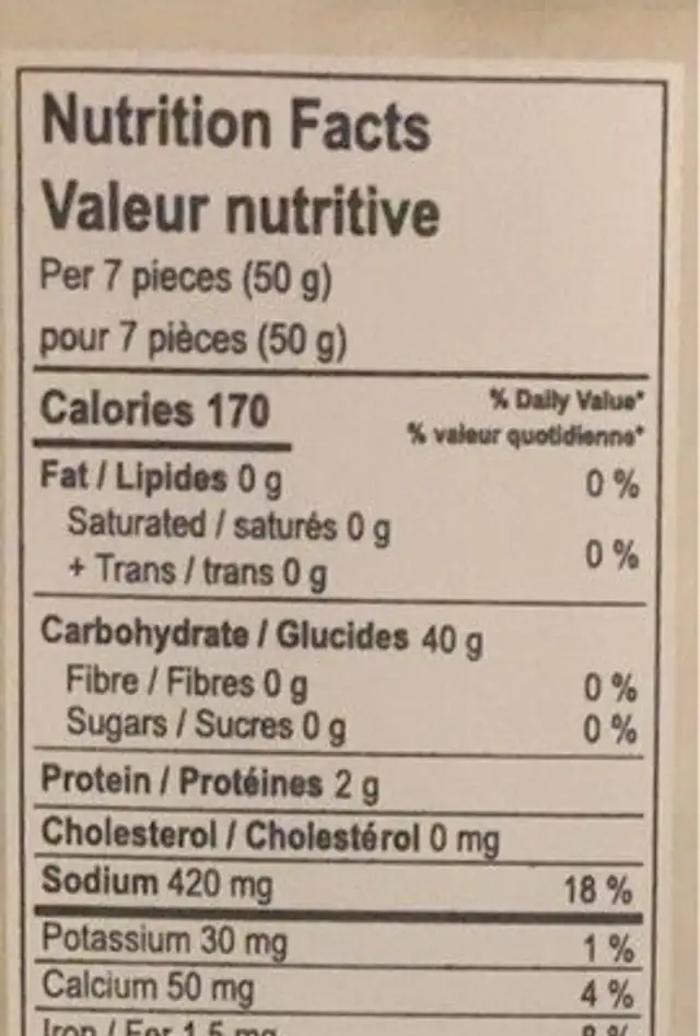 Galettes de Riz nutrition facts table