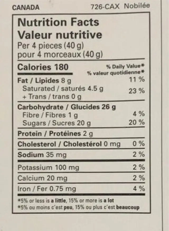 Nobilèe nutrition facts table