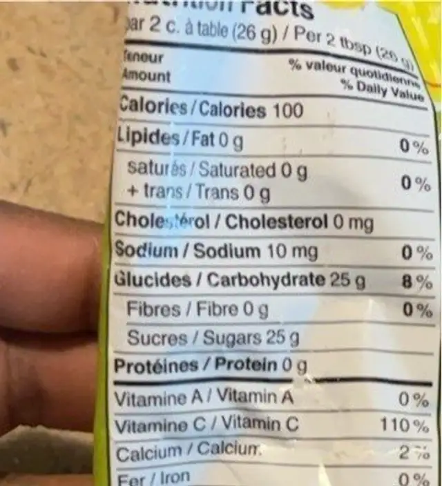Coros Soursop: Beverage Crystals nutrition facts table