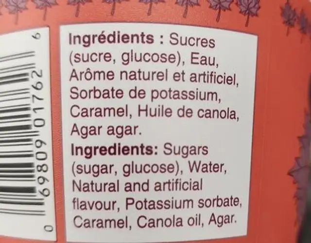 Sugar spread ingredients label
