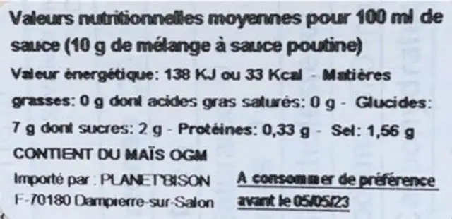 Sauce a poutine nutrition facts table