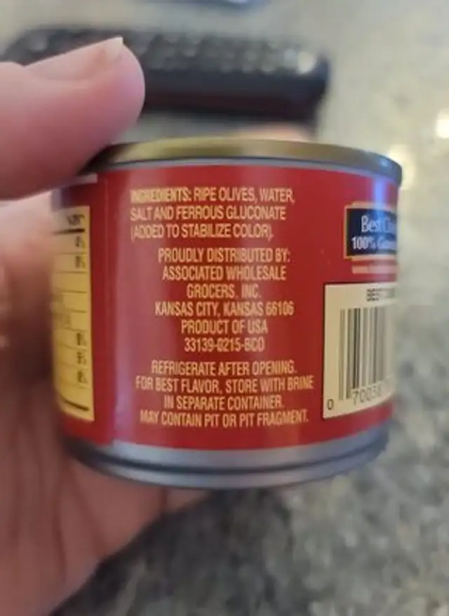 Sliced Ripe Olives ingredients label