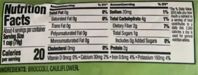 Winter Blend with Broccoli & Cauliflower nutrition facts table