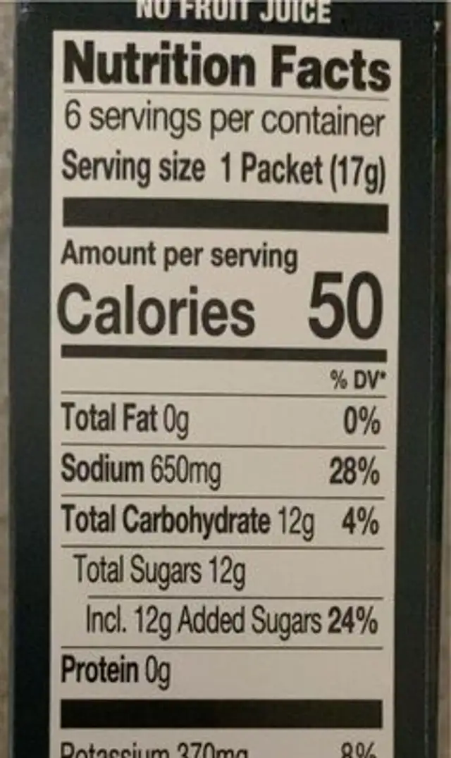 Pedialyte nutrition facts table