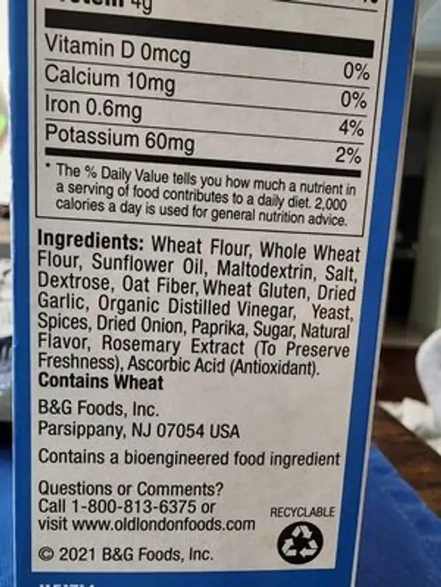Melba snacks ingredients label