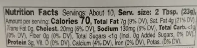Sharp Cheddar Pub Cheese nutrition facts table