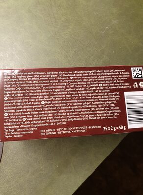 Twinings 4 Røde Frukter 25 poser ingredients label