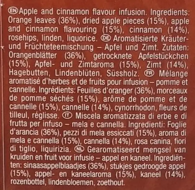 Spicy Apple & Cinnamon ingredients label