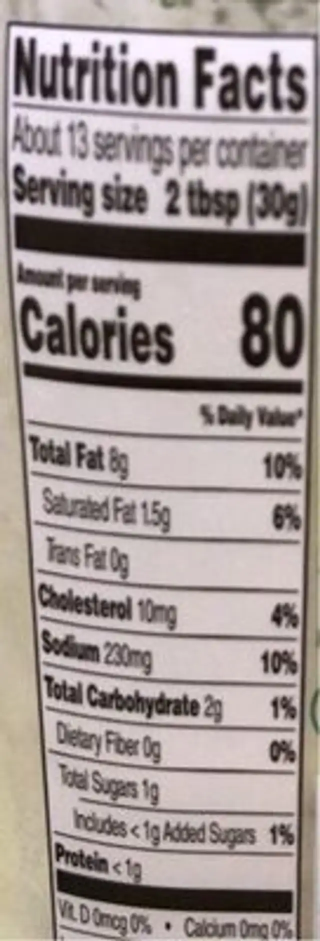 Light classic ranch dressing nutrition facts table
