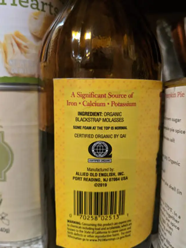 Organic Blackstrap Molasses ingredients label