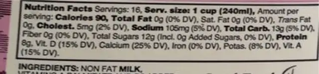 Fat Free Milk nutrition facts table