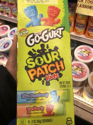 Blue raspberry, redberry, sour patch kids low fat yogurt, blue raspberry, redberry front packaging