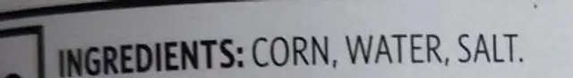 Golden Sweet Corn whole kernel ingredients label