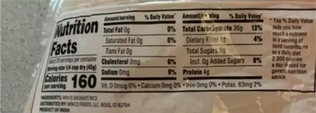White Basmati Rice nutrition facts table