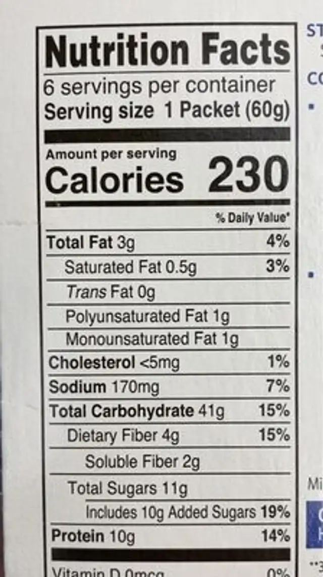 Protein Instant Oatmeal nutrition facts table