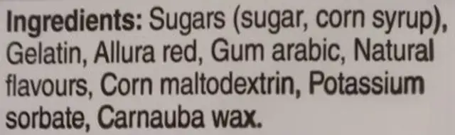 Candy Cane Flavoured Marshmallow Chicks ingredients label