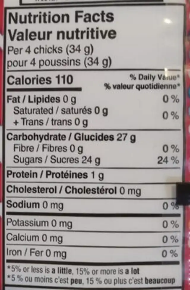Candy Cane Flavoured Marshmallow Chicks nutrition facts table