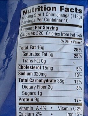 Beef and Bean Chimichangas nutrition facts table