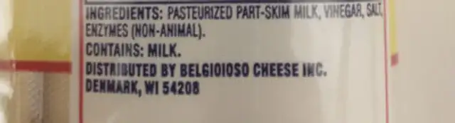 Mozarella String Cheese ingredients label