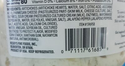 Artichoke Jalapeño Parmesan Premium Dip ingredients label