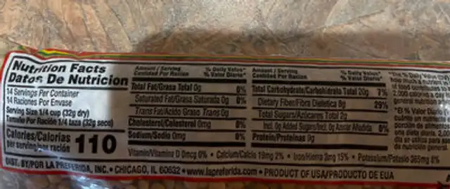 Lentils nutrition facts table