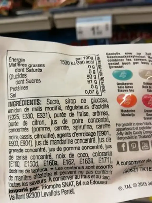 Jelly Belly ingredients label