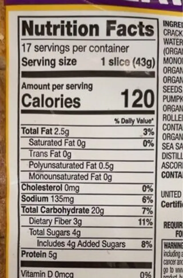 Organic Great Seed nutrition facts table